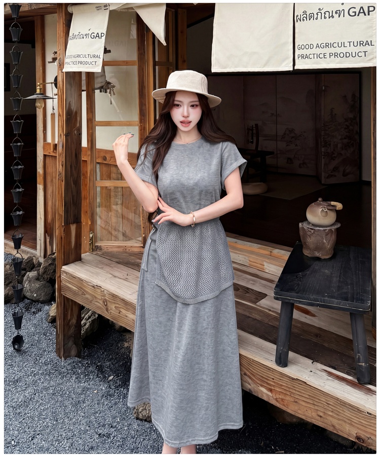 Pseudo-two dress pinched waist T-shirt for women