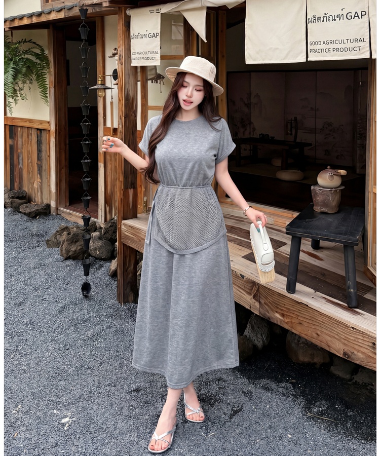 Pseudo-two dress pinched waist T-shirt for women