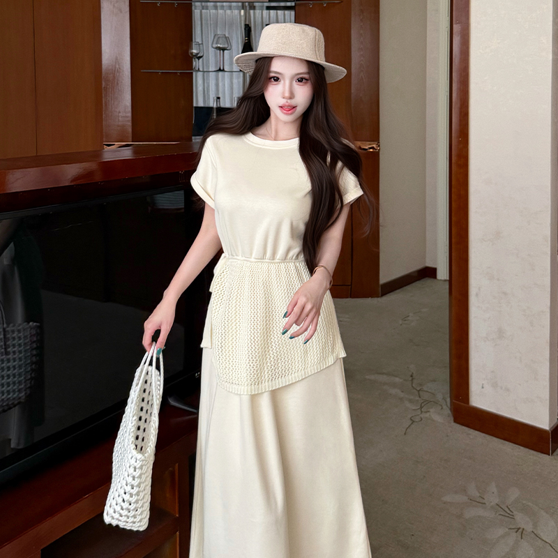 Pseudo-two dress pinched waist T-shirt for women