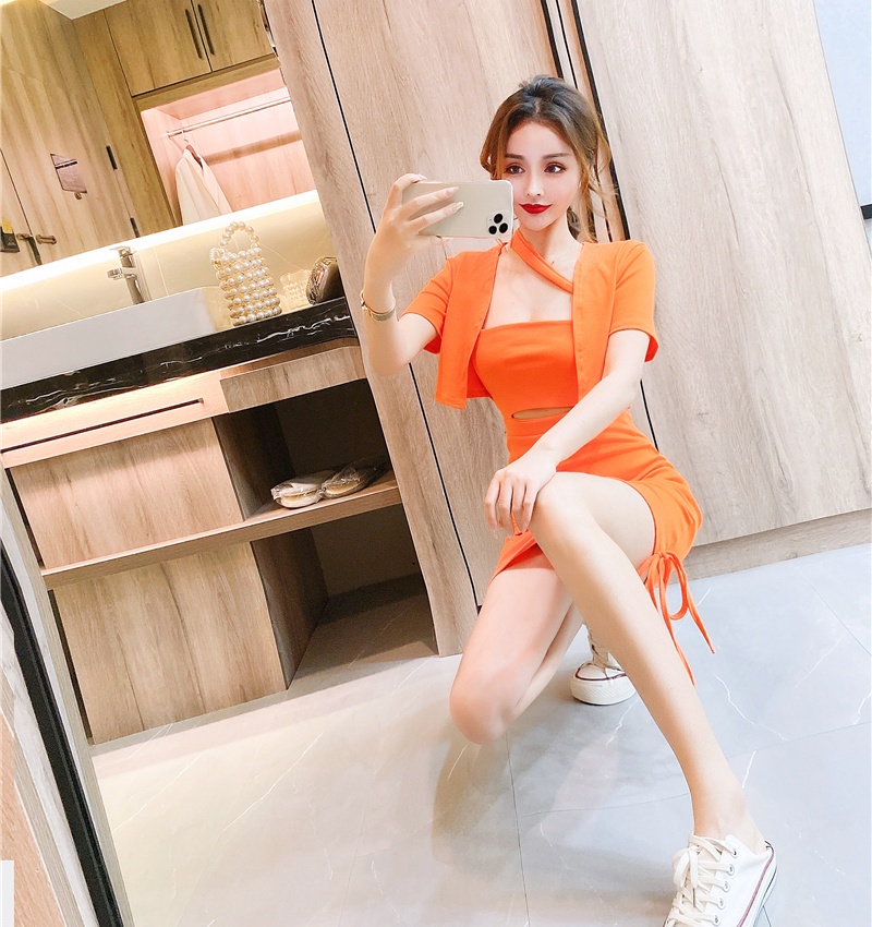 Package hip short halter dress tight fashion slim tops a set