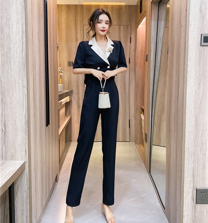 Wear double-breasted long pants summer jumpsuit a set