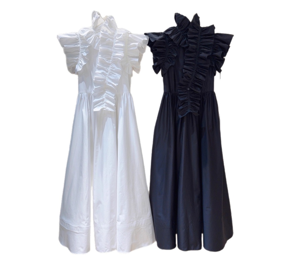 Fashion black long pure cotton lotus leaf edges dress