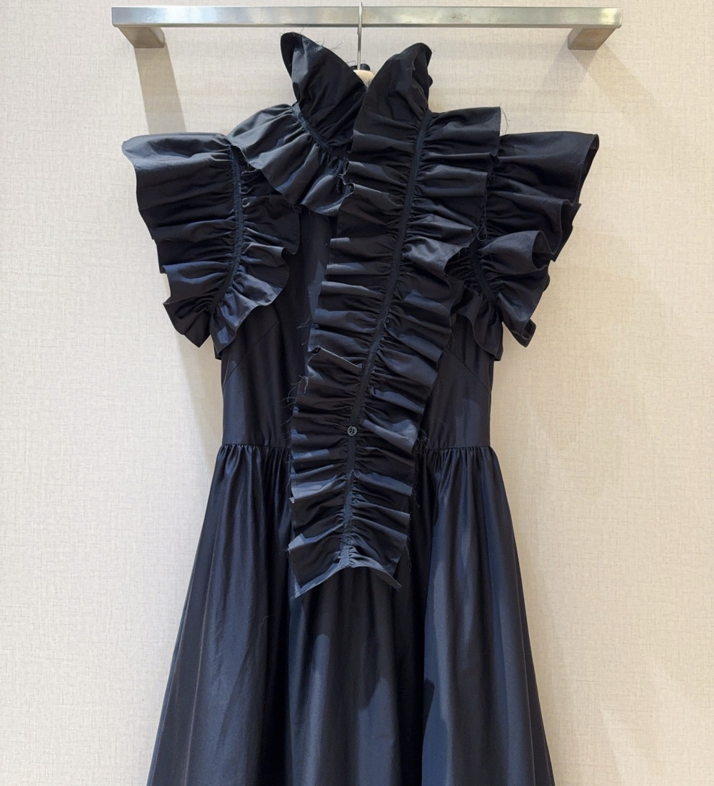 Fashion black long pure cotton lotus leaf edges dress