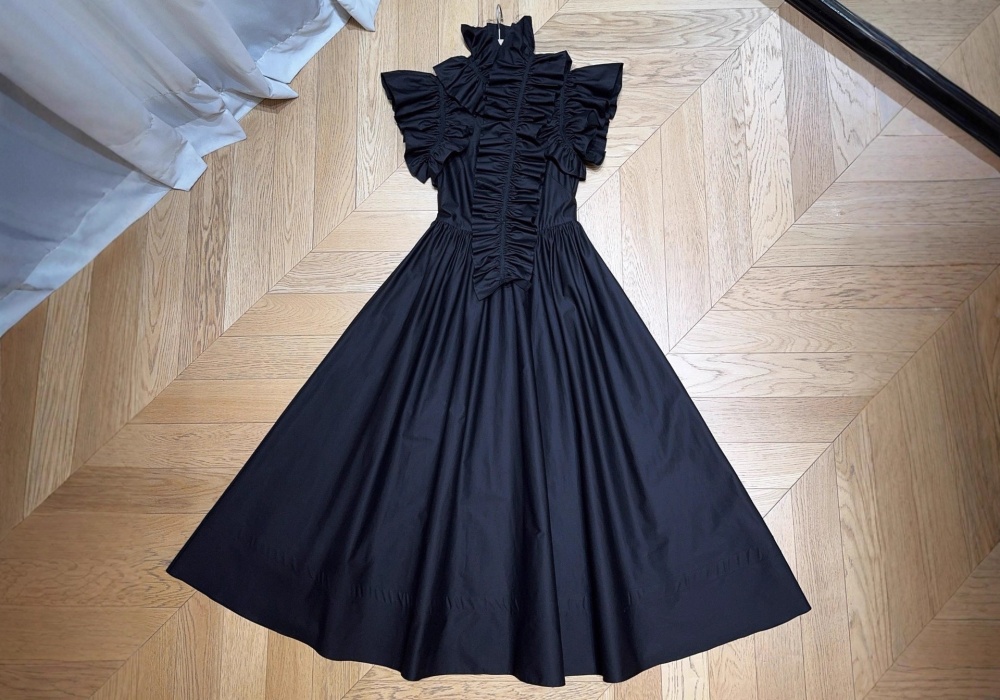 Fashion black long pure cotton lotus leaf edges dress