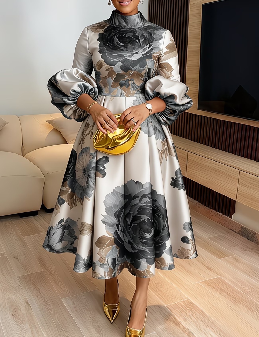 Elegant commuting puff sleeve summer dress for women