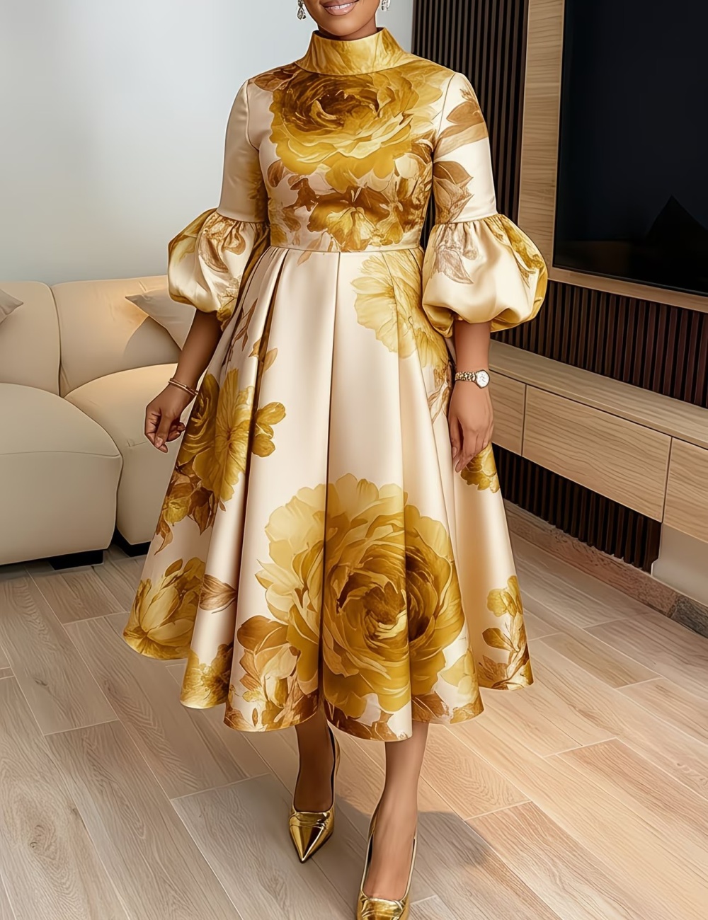 Elegant commuting puff sleeve summer dress for women