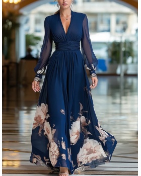 Casual printing slim long dress France style cozy dress