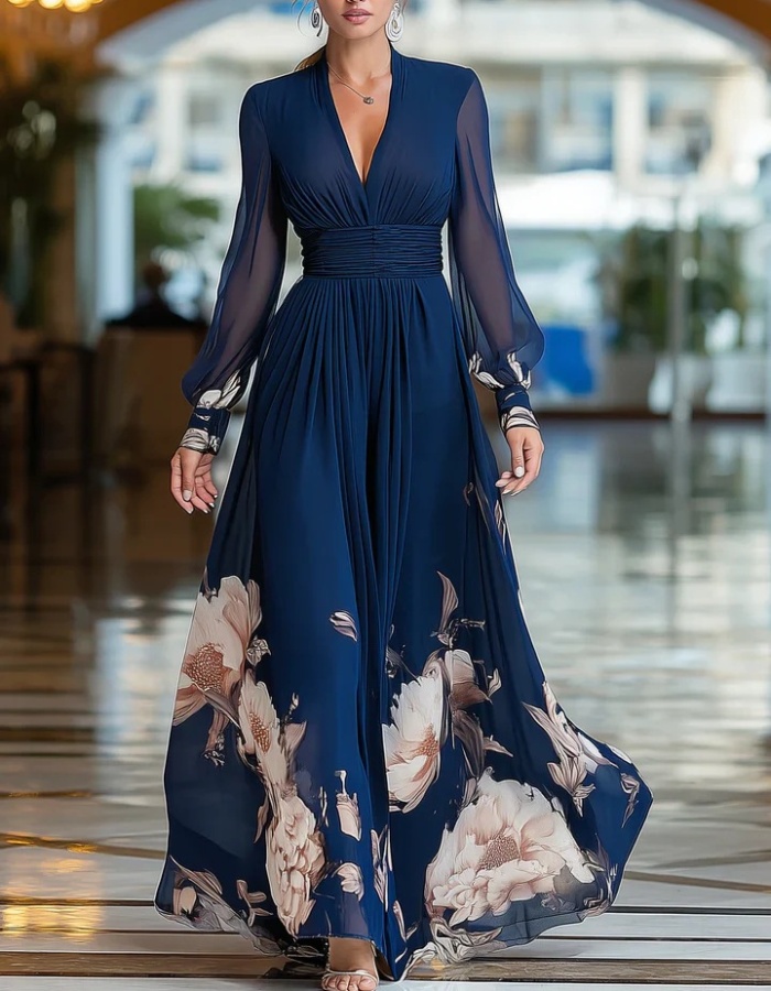 Casual printing slim long dress France style cozy dress