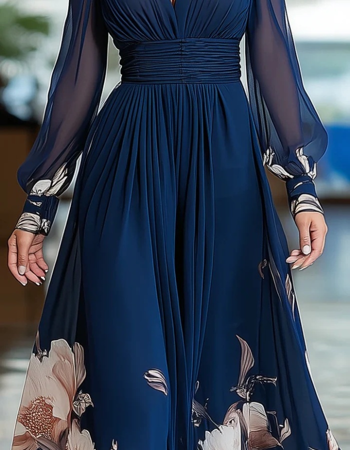 Casual printing slim long dress France style cozy dress