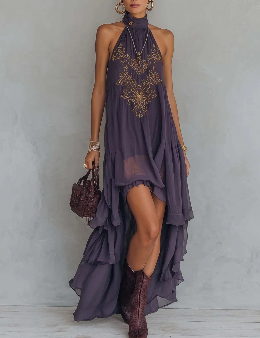 Lotus leaf edges long dress sleeveless dress