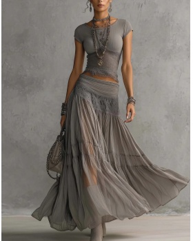 European style chiffon long skirt gray tops 2pcs set