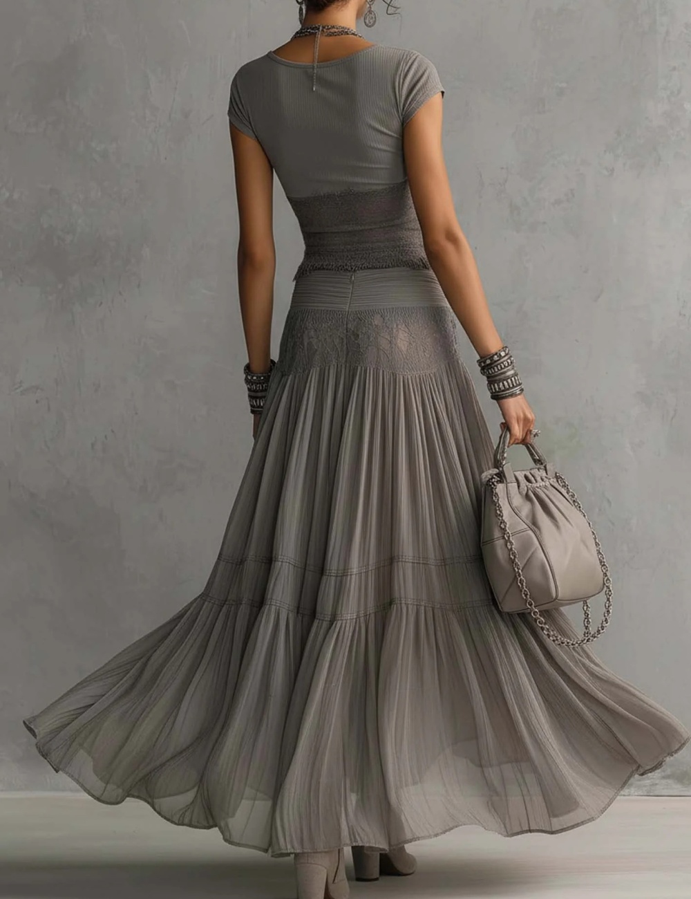European style chiffon long skirt gray tops 2pcs set