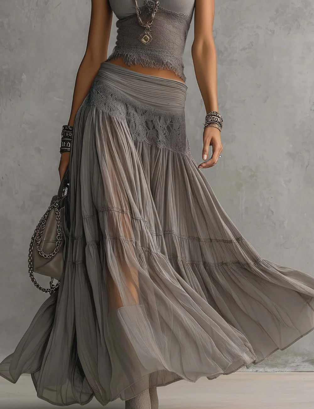 European style chiffon long skirt gray tops 2pcs set