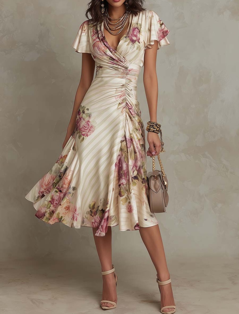 V-neck elegant European style short sleeve A-line dress