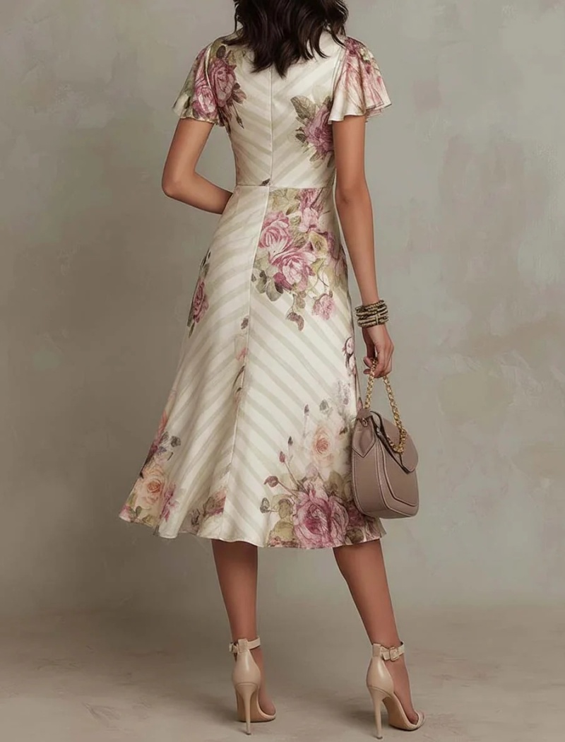 V-neck elegant European style short sleeve A-line dress
