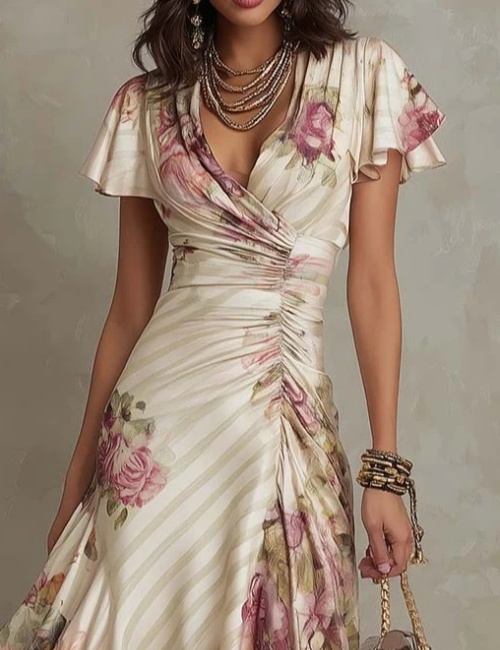 V-neck elegant European style short sleeve A-line dress