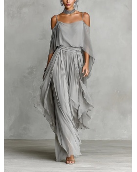 Irregular European style gray wide leg pants a set for women
