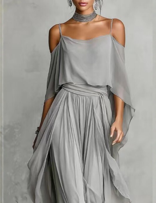 Irregular European style gray wide leg pants a set for women