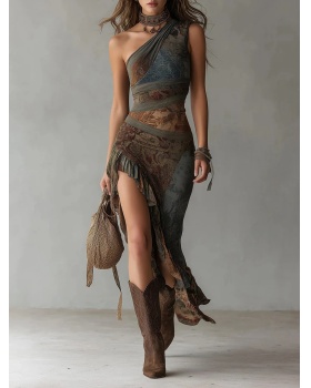 Splice retro dress printing high split long dress