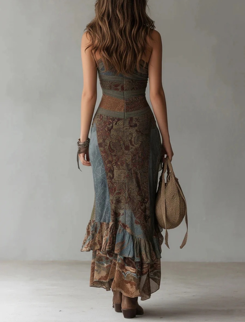 Splice retro dress printing high split long dress