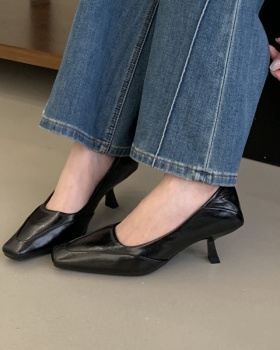 Square head low leather shoes fine-root shoes for women