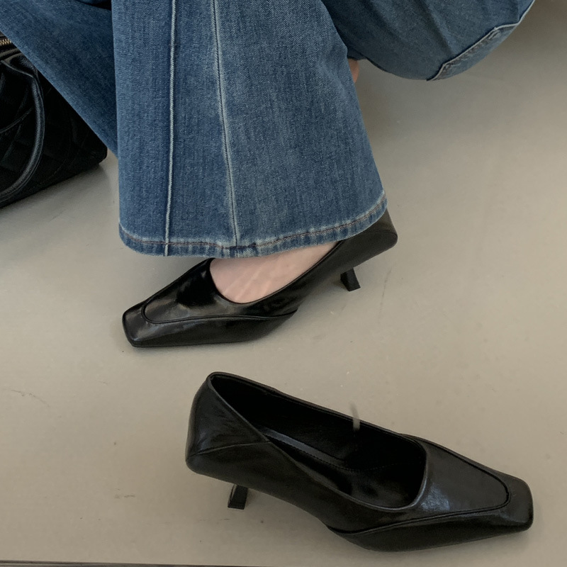 Square head low leather shoes fine-root shoes for women