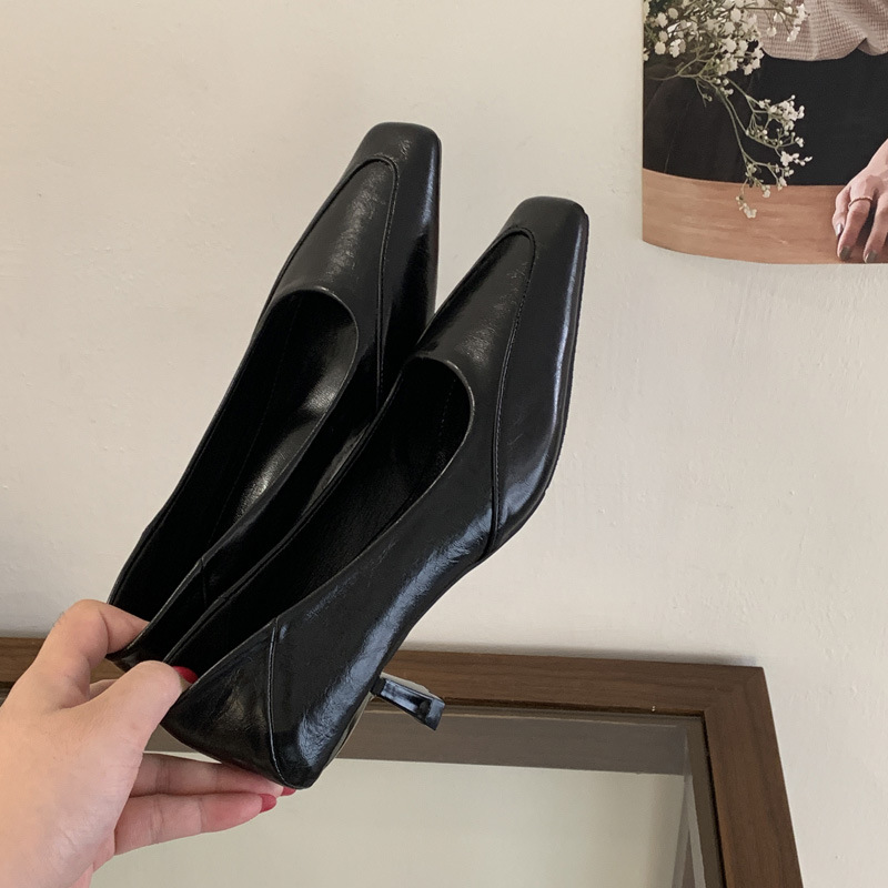Square head low leather shoes fine-root shoes for women