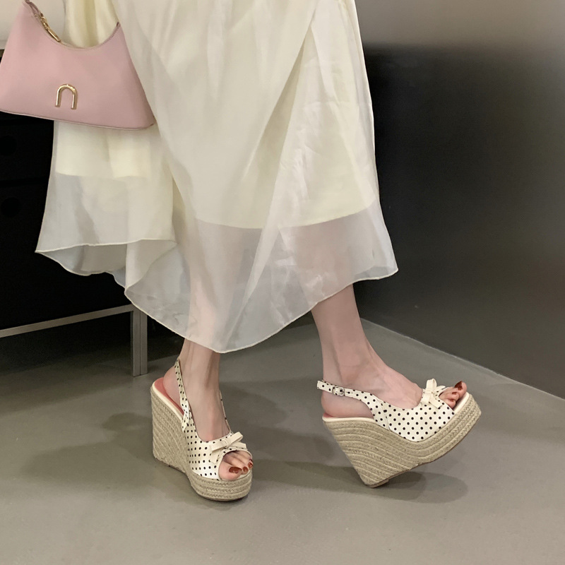 Polka dot bow high-heeled shoes thick crust lady sandals