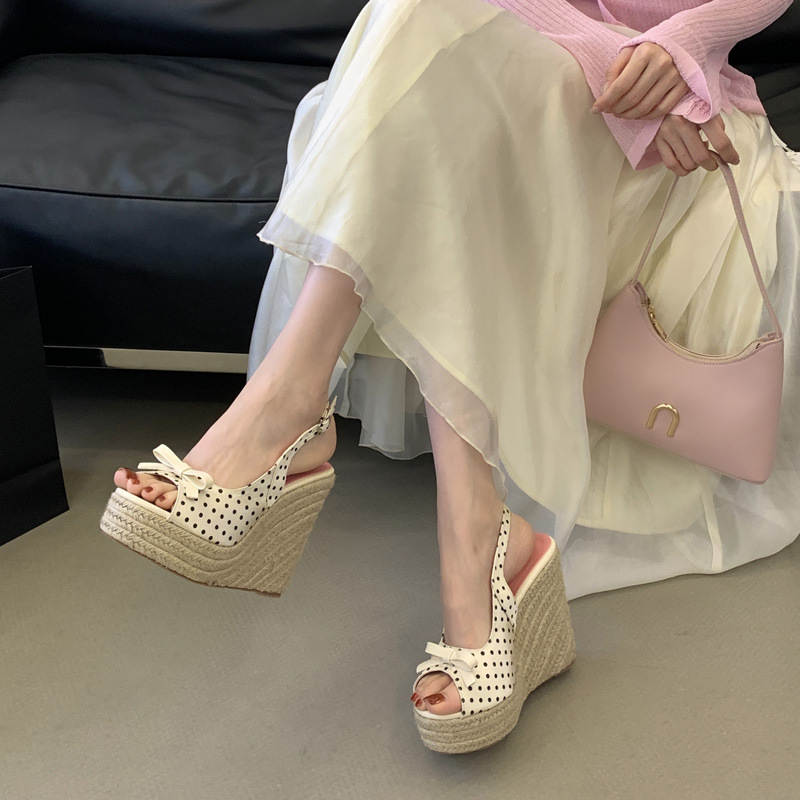Polka dot bow high-heeled shoes thick crust lady sandals
