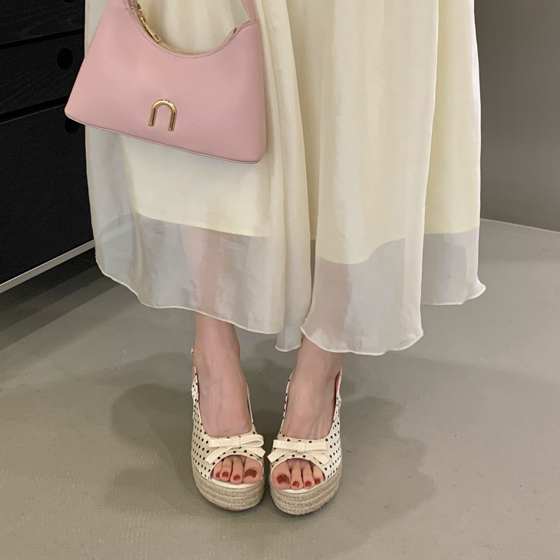 Polka dot bow high-heeled shoes thick crust lady sandals