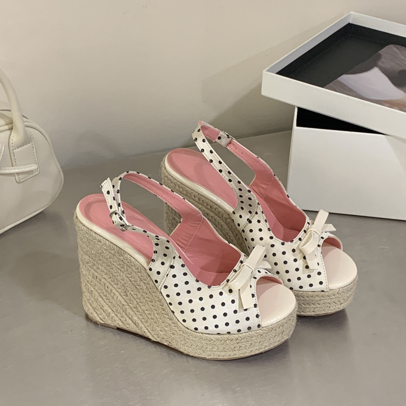Polka dot bow high-heeled shoes thick crust lady sandals