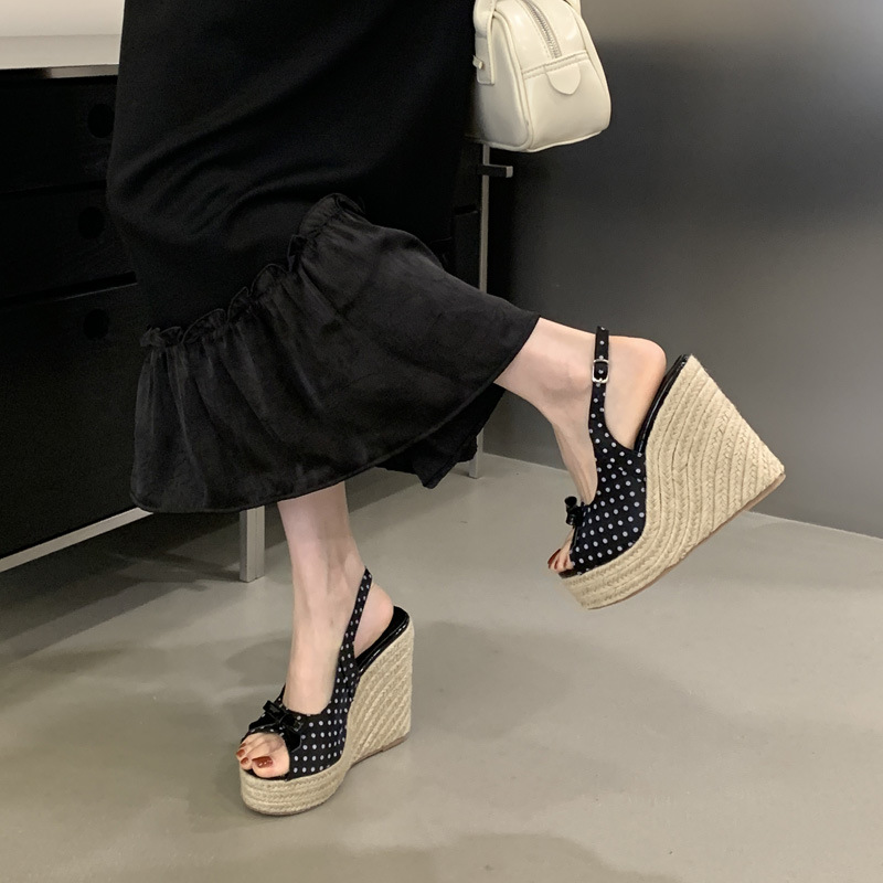 Polka dot bow high-heeled shoes thick crust lady sandals