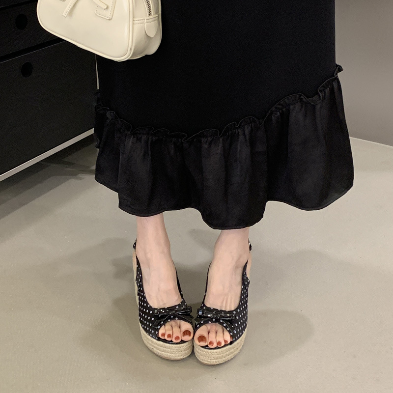 Polka dot bow high-heeled shoes thick crust lady sandals