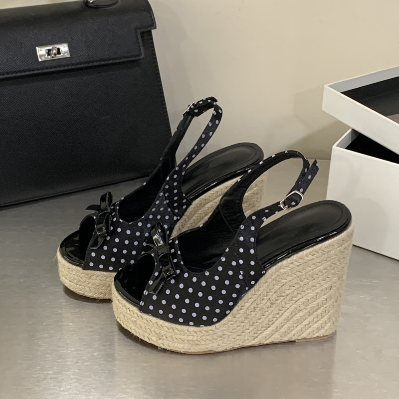 Polka dot bow high-heeled shoes thick crust lady sandals
