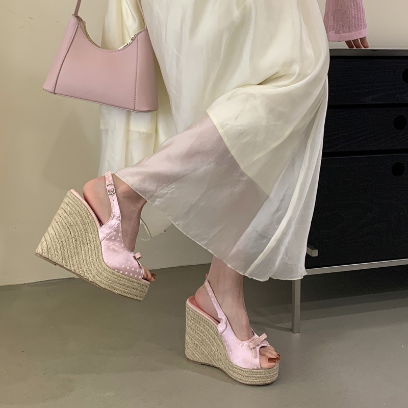 Polka dot bow high-heeled shoes thick crust lady sandals