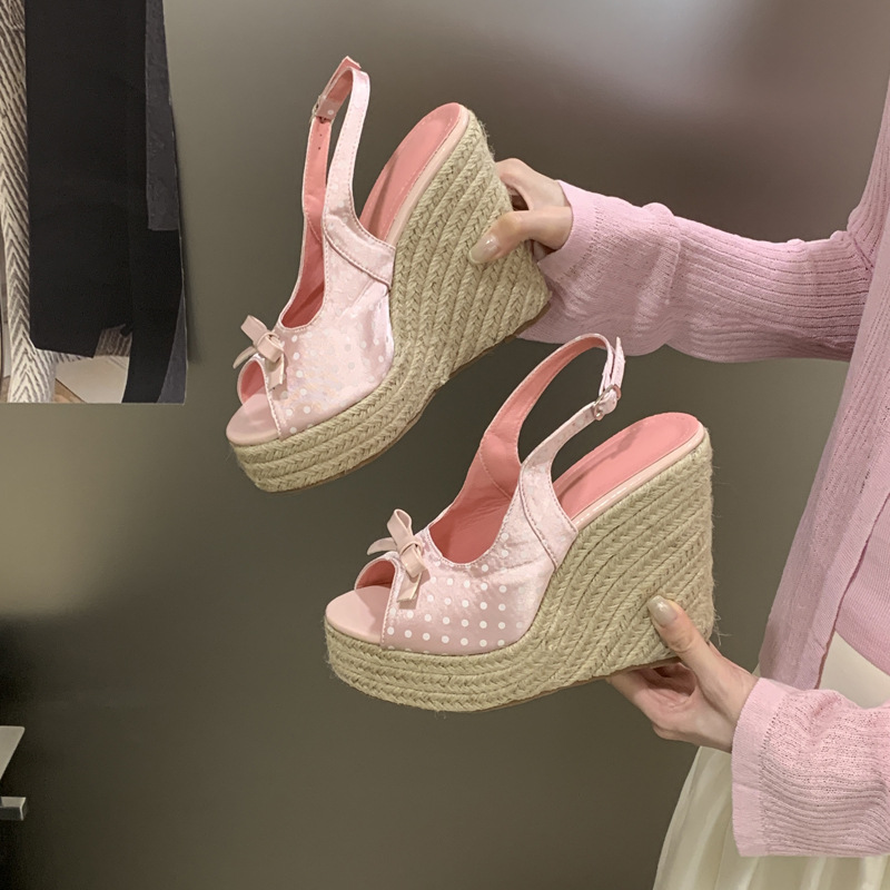 Polka dot bow high-heeled shoes thick crust lady sandals