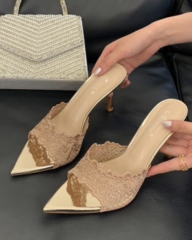 Embroidery summer high-heeled shoes high-heeled slippers