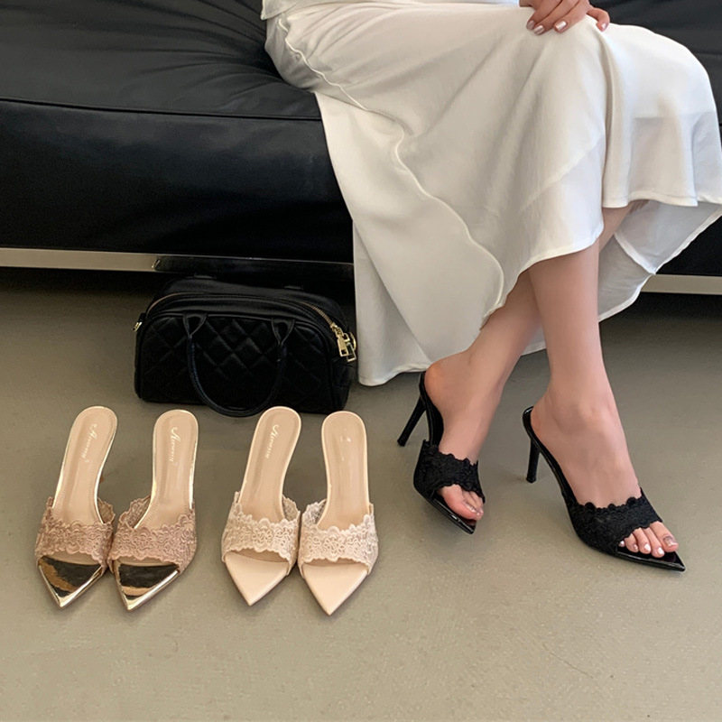 Embroidery summer high-heeled shoes high-heeled slippers