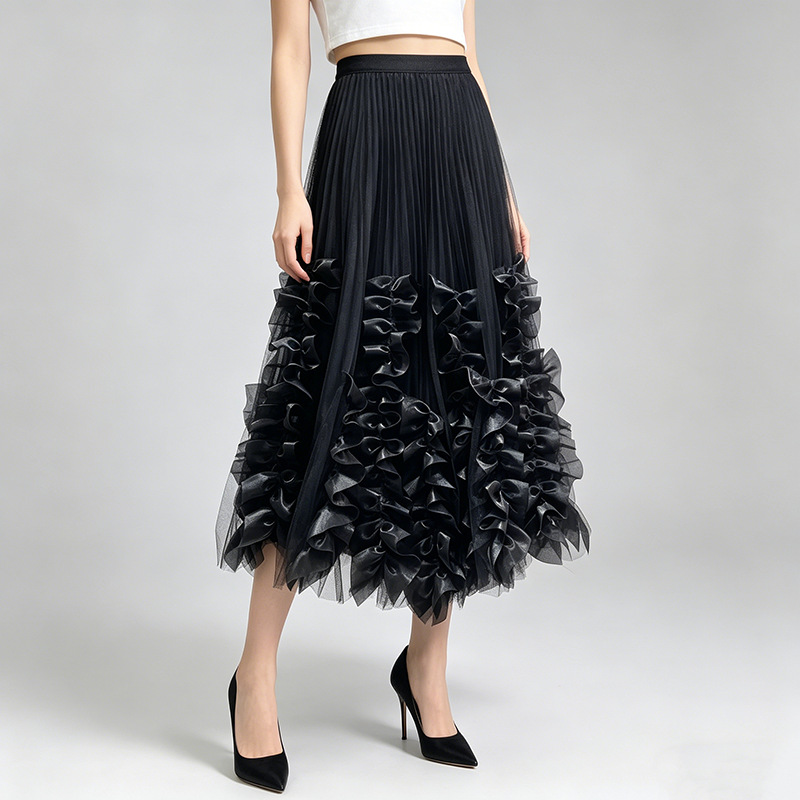 France style pleated lotus leaf edges skirt for women