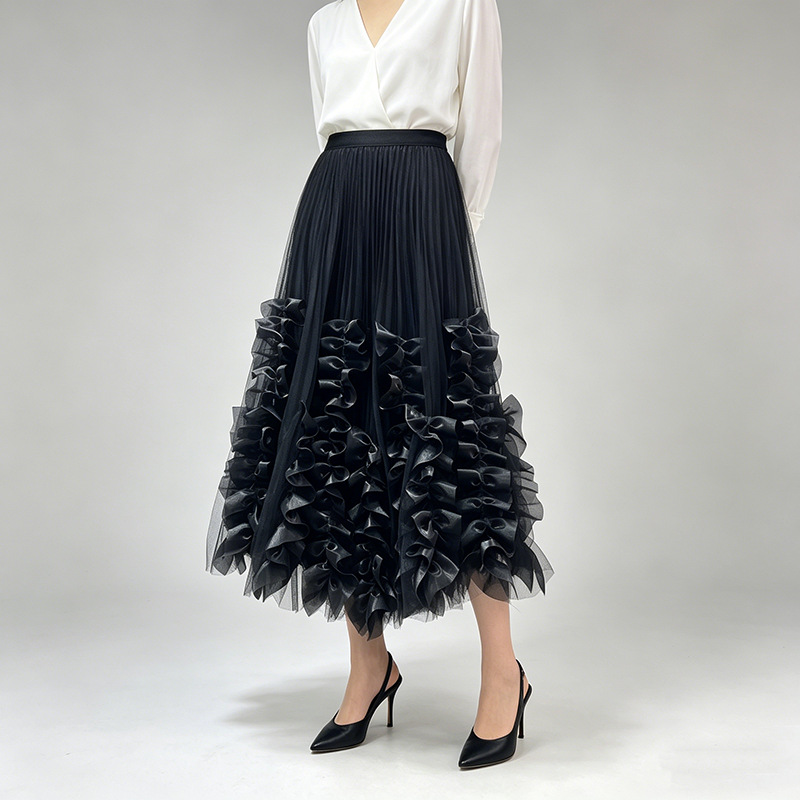 France style pleated lotus leaf edges skirt for women