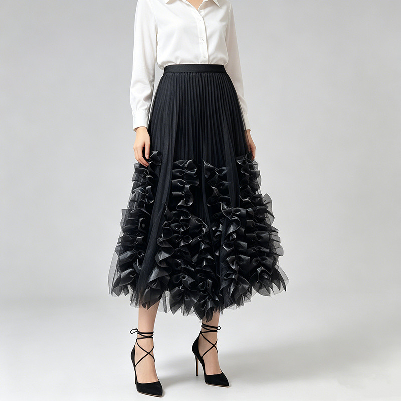 France style pleated lotus leaf edges skirt for women
