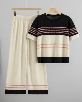 Plaid slim wide leg pants Casual tops 2pcs set
