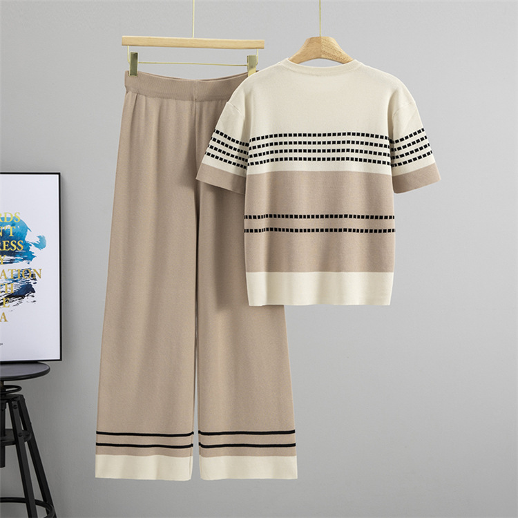 Plaid slim wide leg pants Casual tops 2pcs set