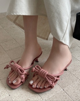 Bow fine band slippers high-heeled thick lazy shoes