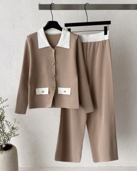 Temperament tops lapel wide leg pants 2pcs set for women