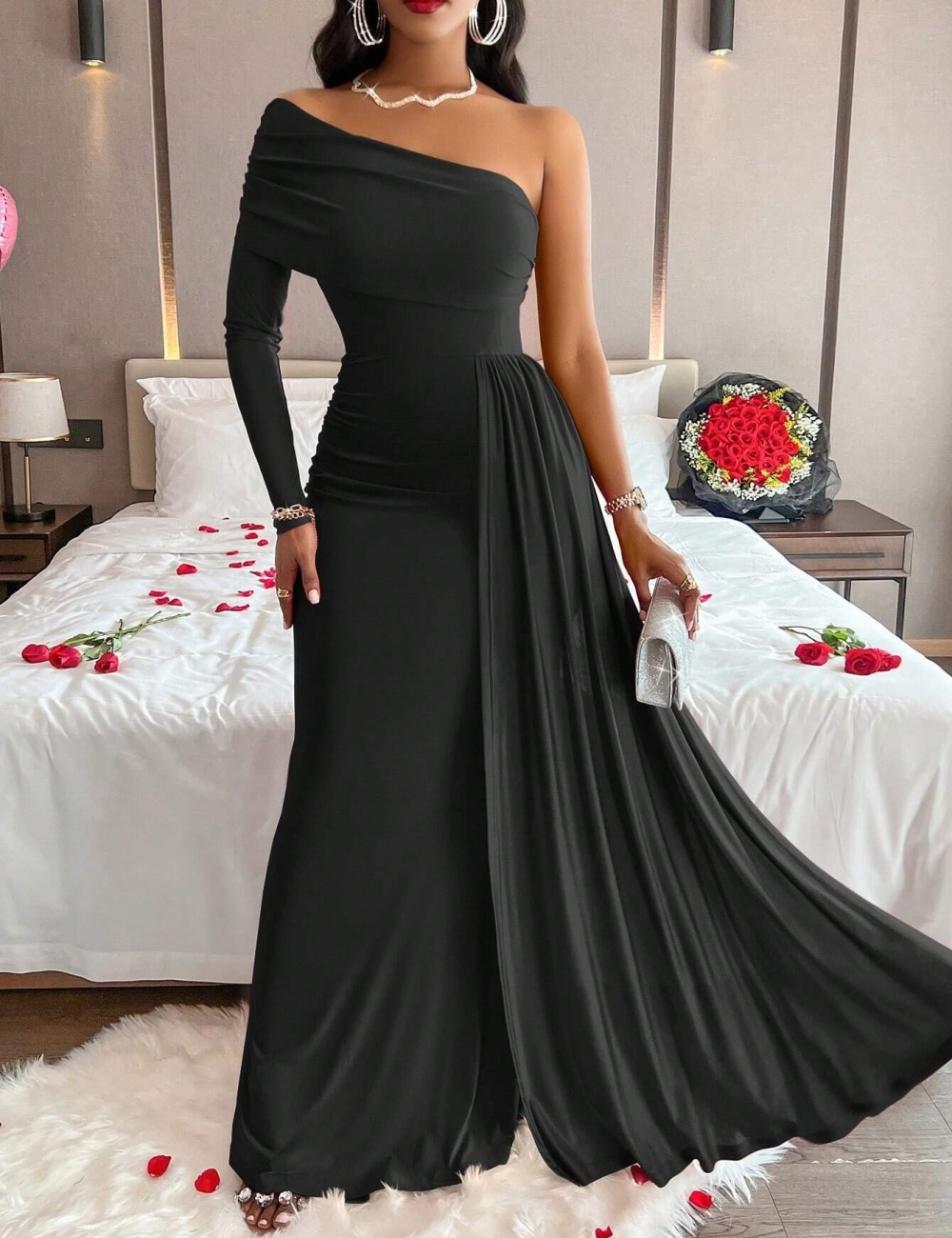 European style sloping shoulder dress for women