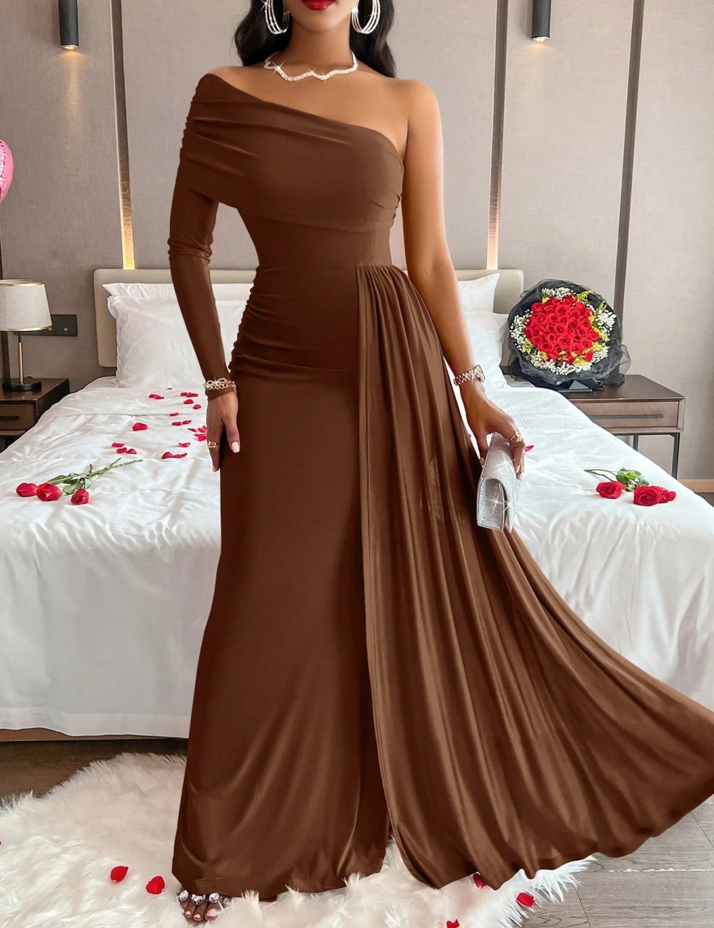 European style sloping shoulder dress for women