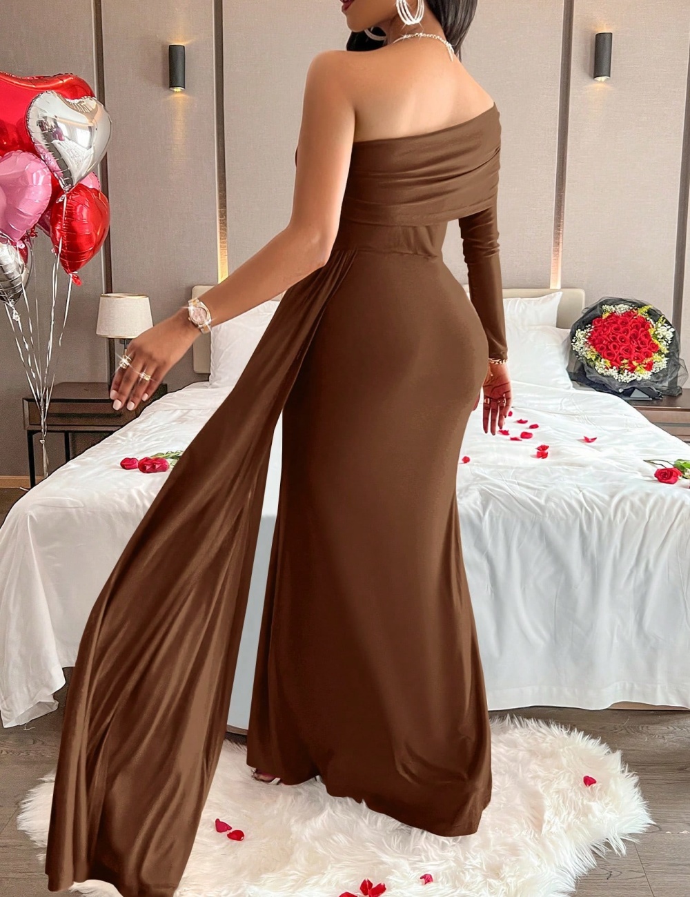 European style sloping shoulder dress for women
