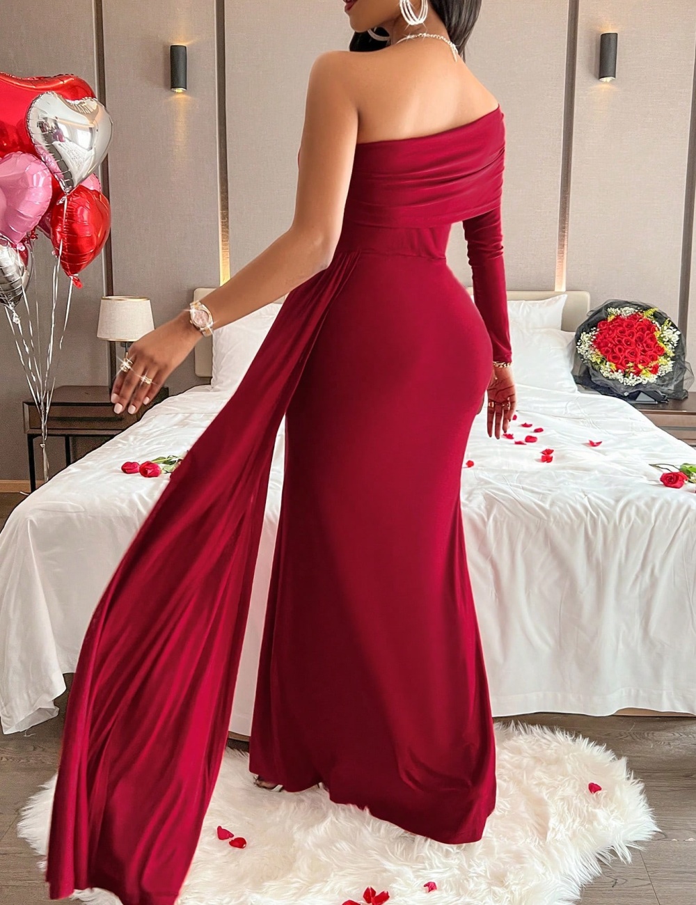 European style sloping shoulder dress for women