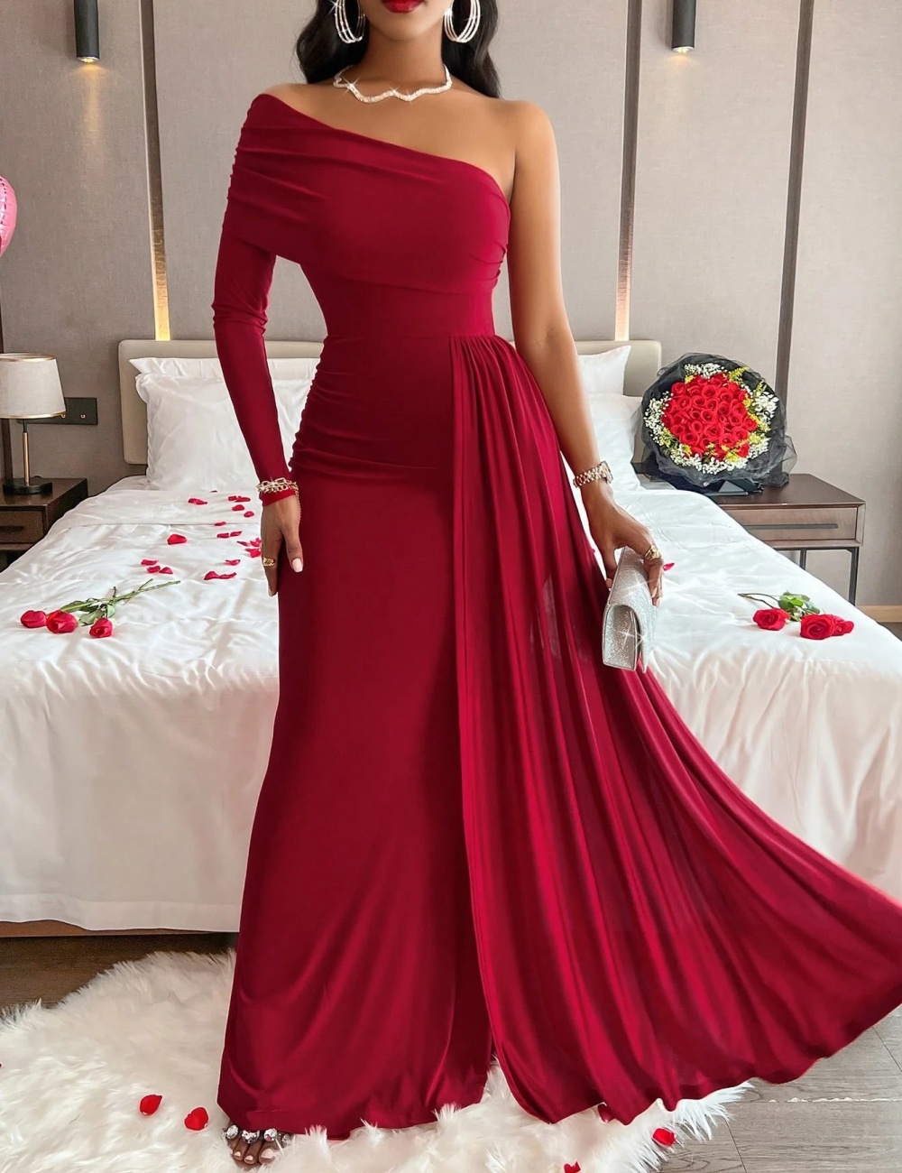 European style sloping shoulder dress for women